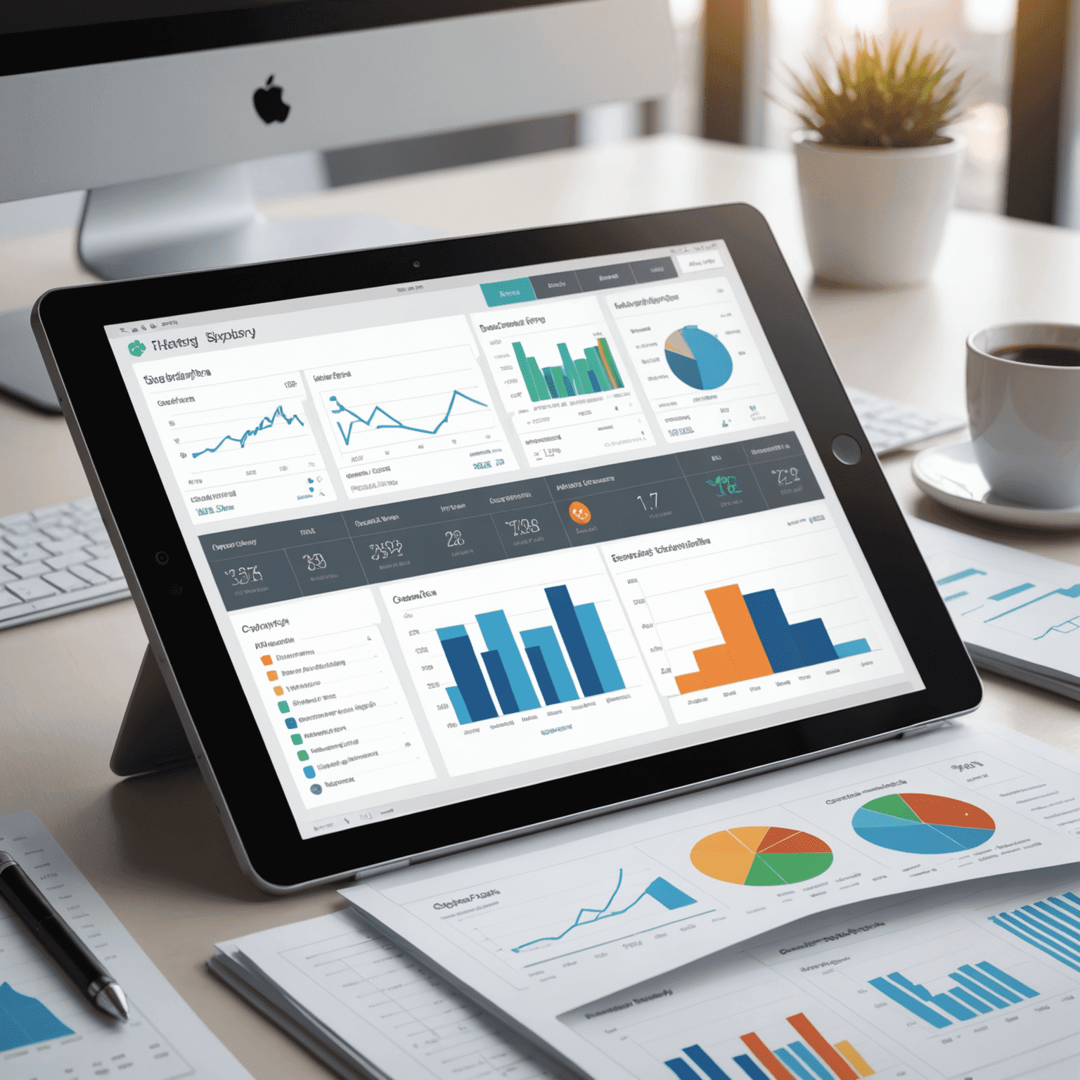 A dashboard interface of an ERP system showing various business metrics, charts, and graphs. The interface has a clean, professional design with a neutral color scheme.