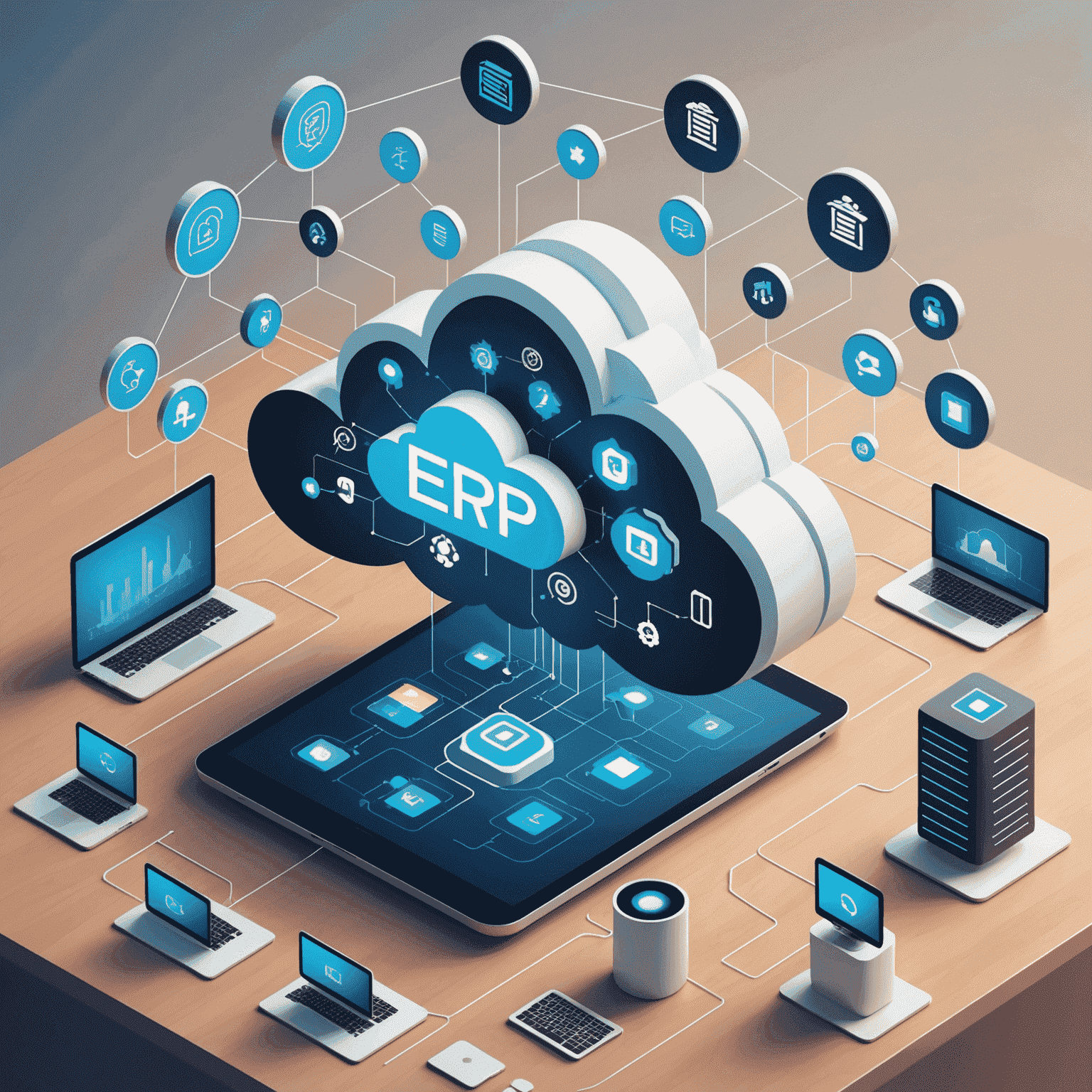 Illustration of various emerging ERP trends such as cloud computing, AI, mobile access, and IoT integration