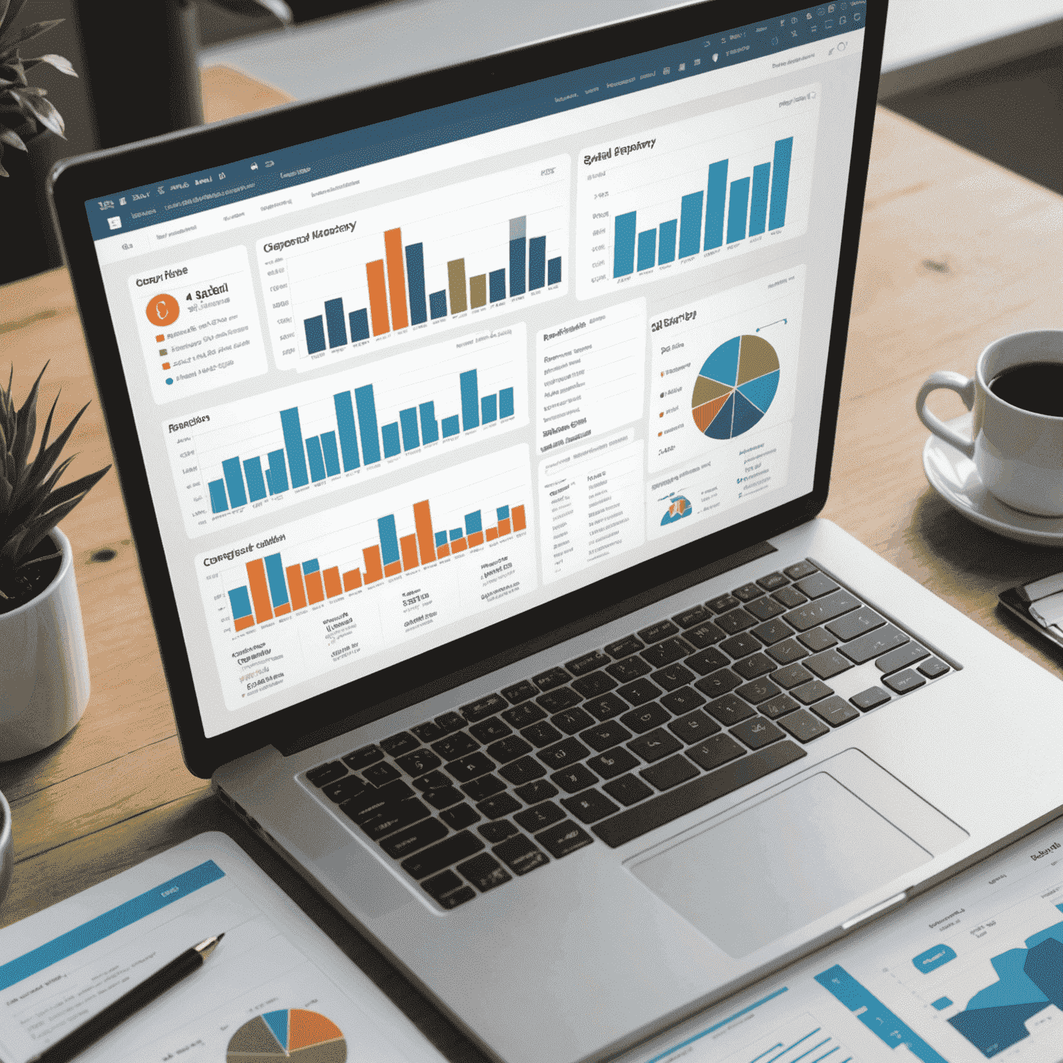 A screenshot of an ERP system's reporting and analytics module, displaying various charts, graphs, and tables. The data visualizations provide insights into sales, inventory, financials, and other key business metrics.