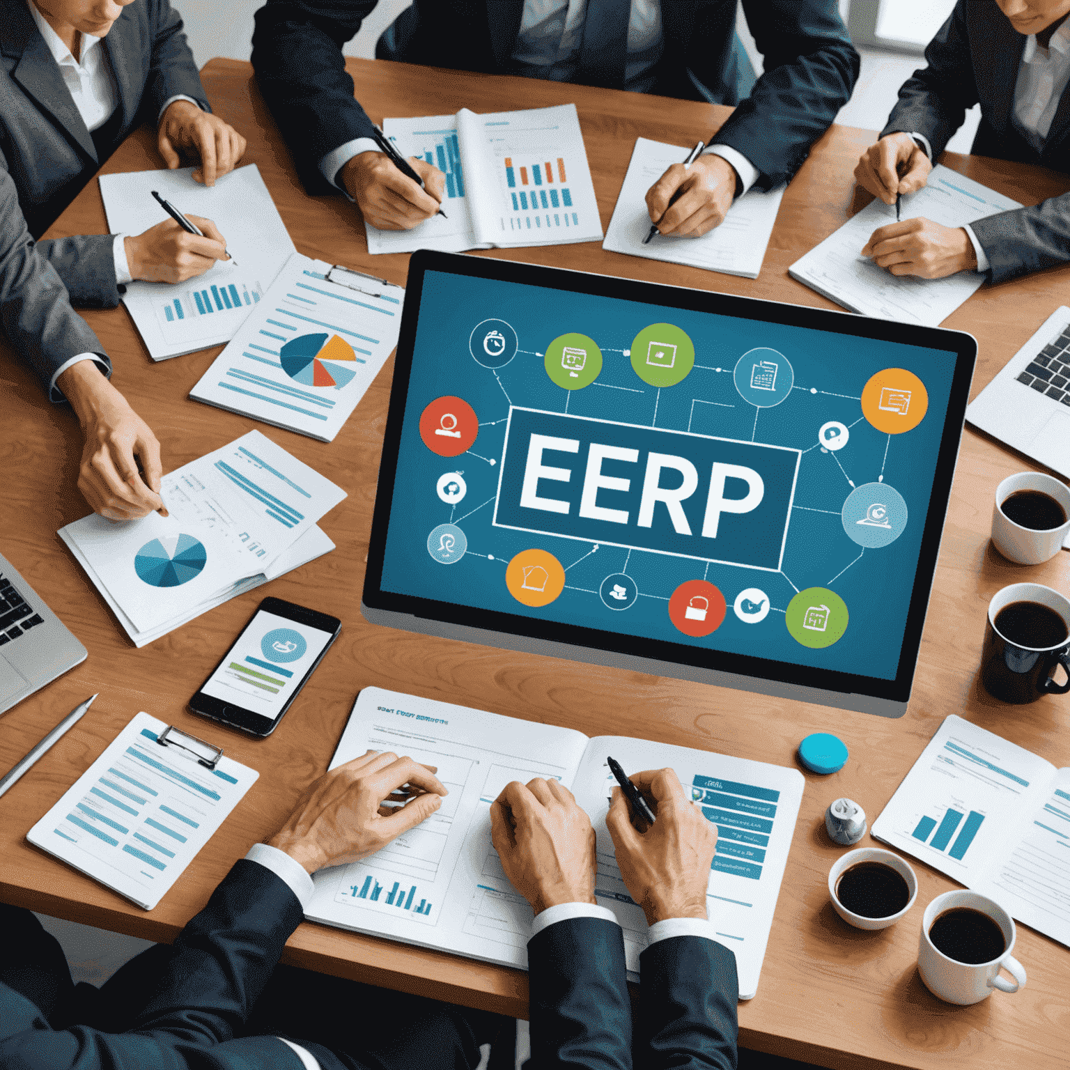 An illustration of best practices for successful ERP implementation, including planning, training, and change management.