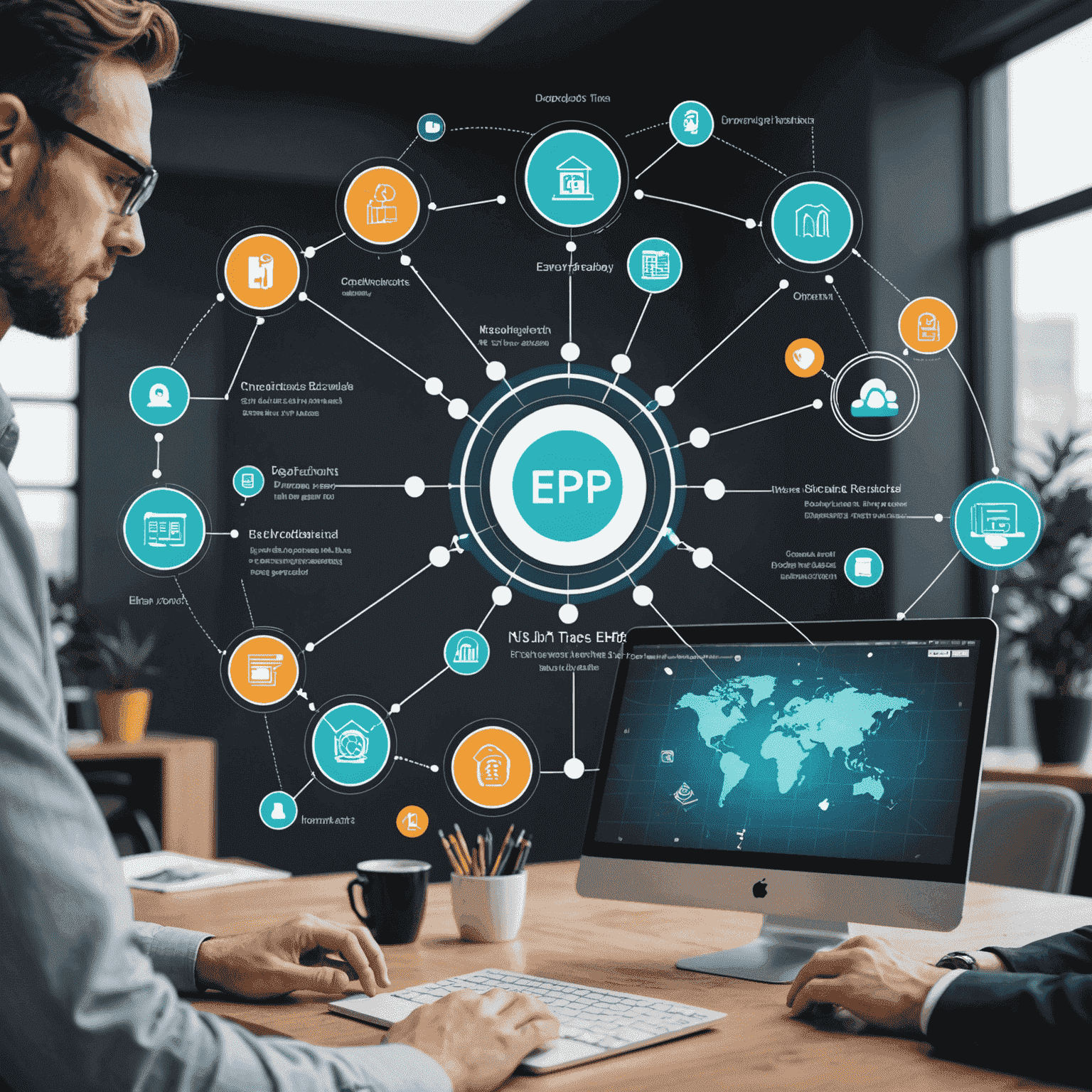 An image showcasing emerging trends and innovations in ERP technology and their potential impact on businesses in the coming years.